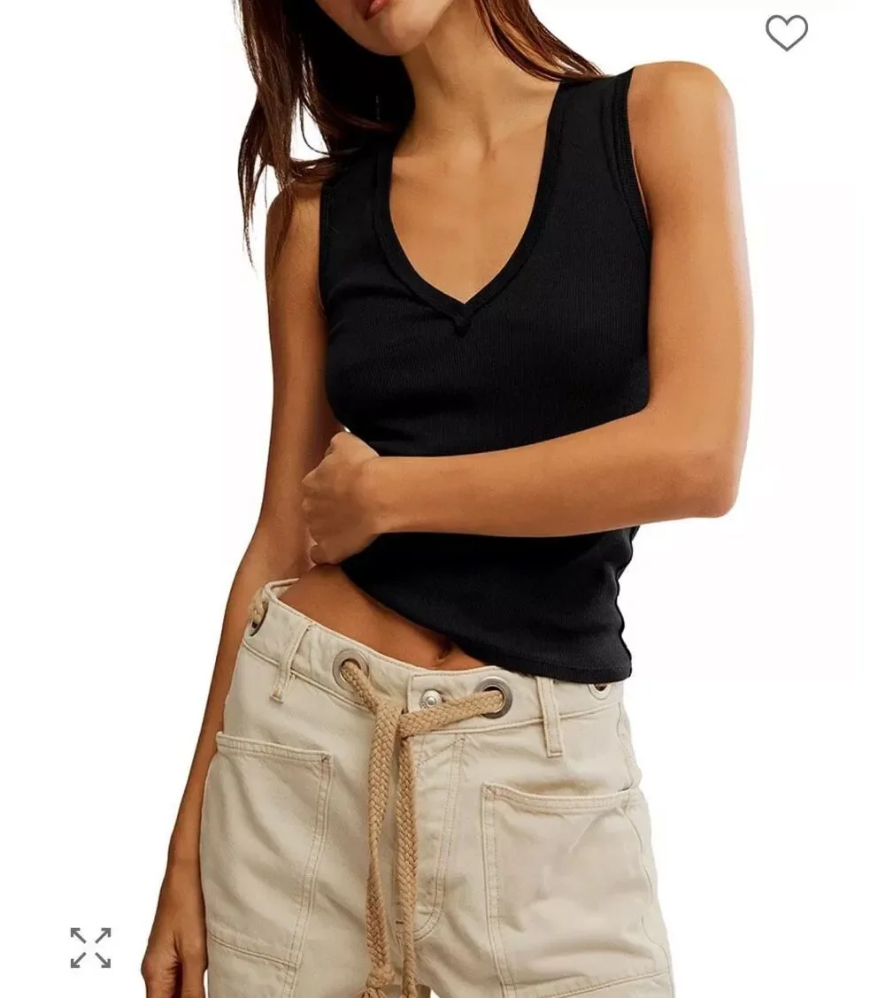 Free People X We The Free Neria V-Neck Tank Top black Women’s large NEW - Picture 1 of 4